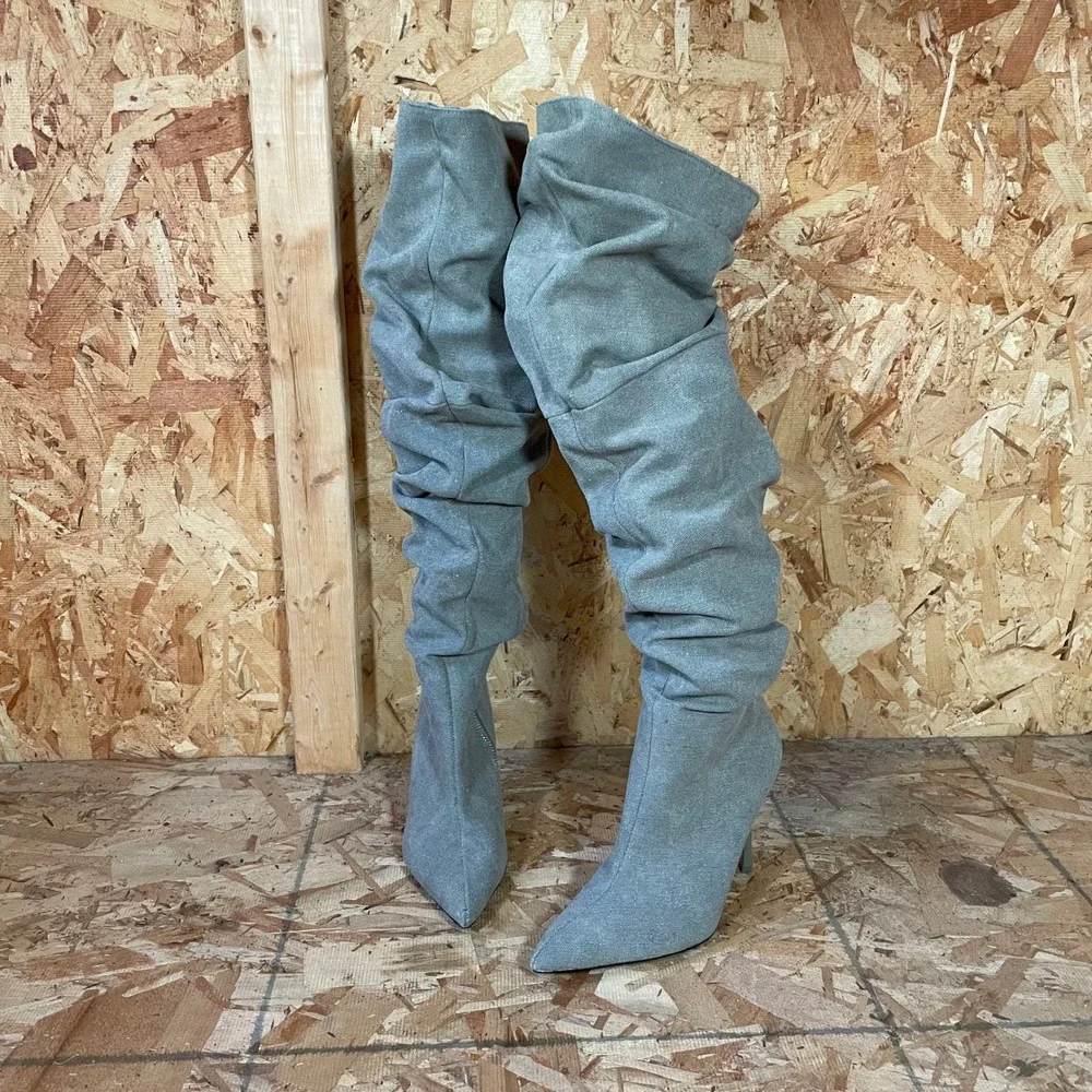 Zara Over The Knee Slouchy Boots Womens 38 Grey Canvas Pointed Toe Stiletto